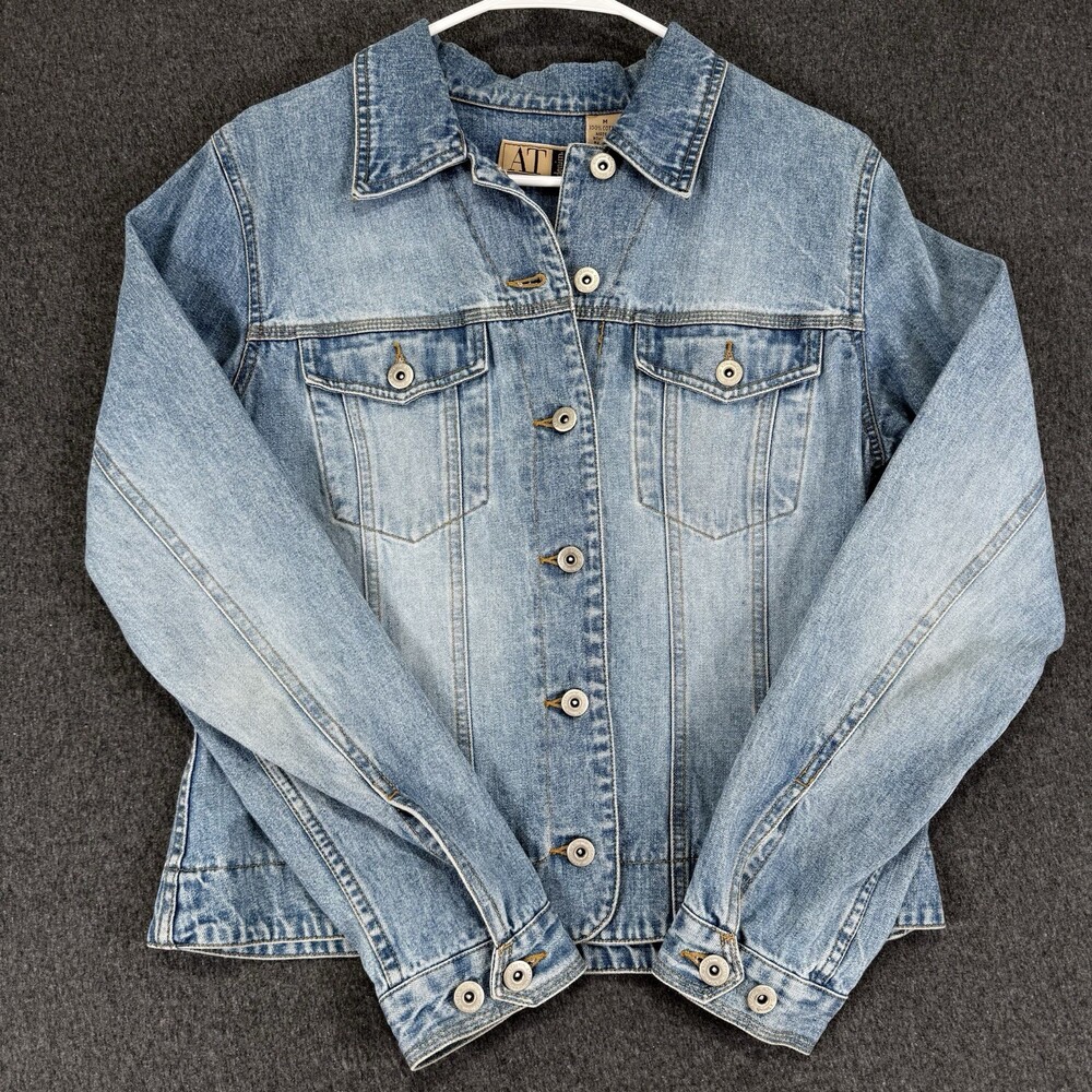 AT Platinum Womens M Denim Jacket Blue Jean Trucker 100% Cotton Cross Detail
